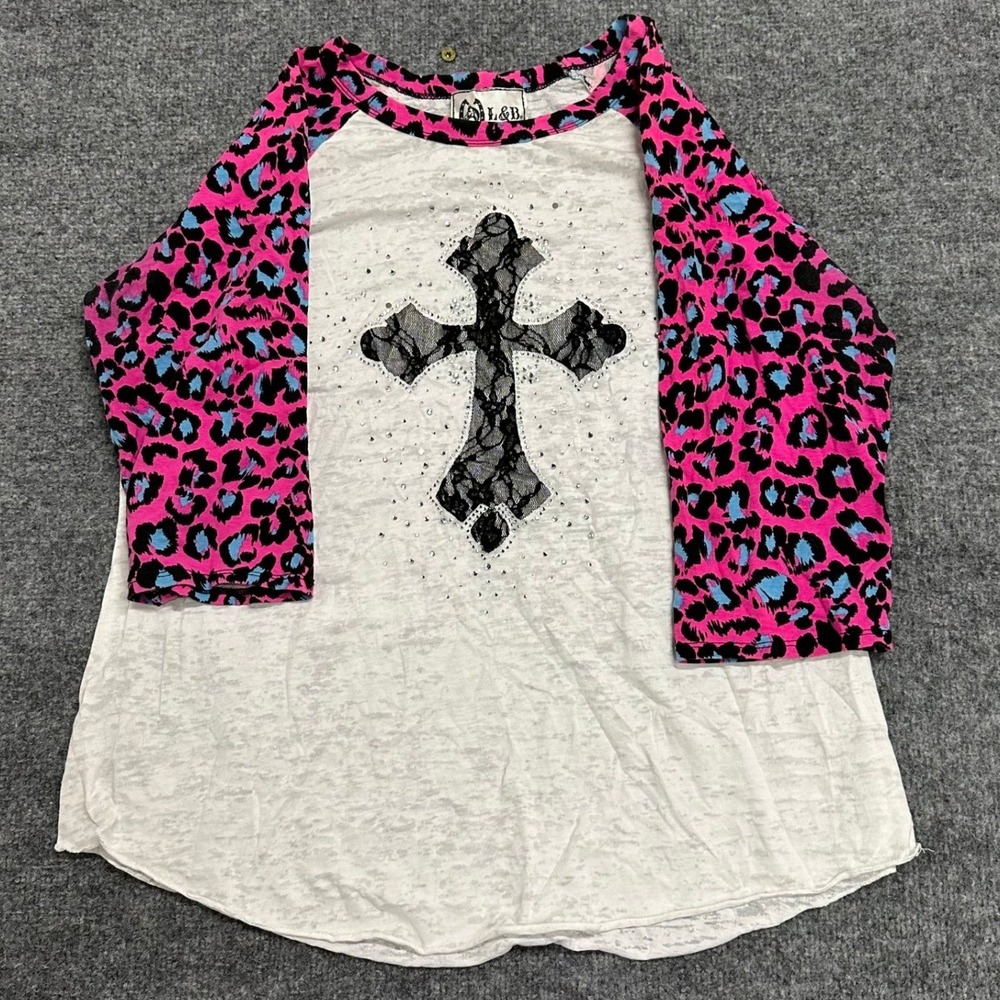 L&B Raglan Shirt Womens Size L Pink Leopard Lace Cross Rhinestone Western Shirt